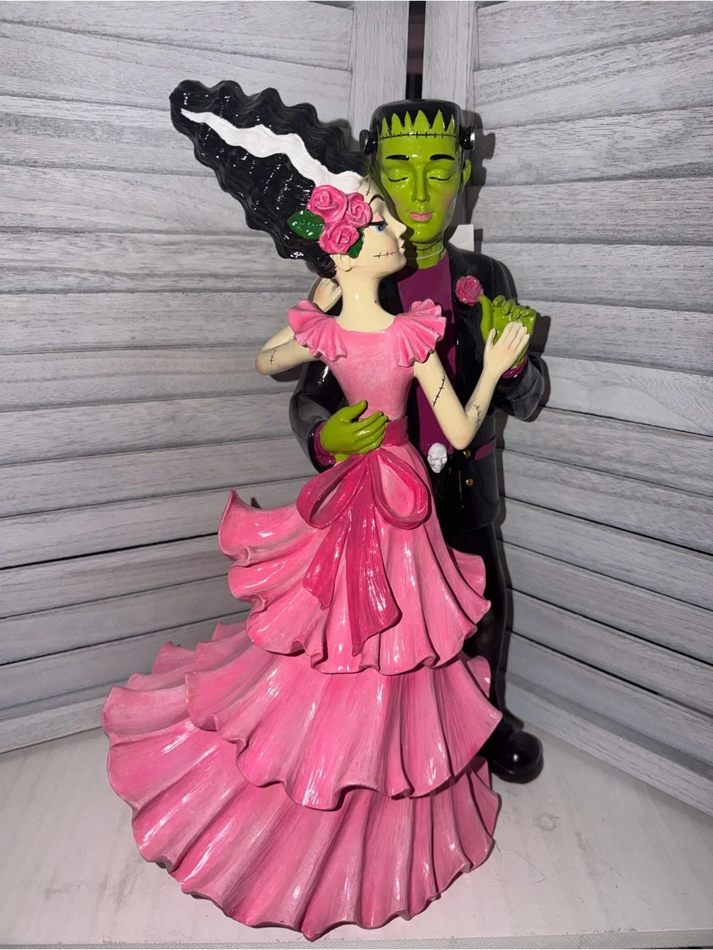 Dancing Pink Bride and Frankenstein Groom Figurine - Halloween Decor